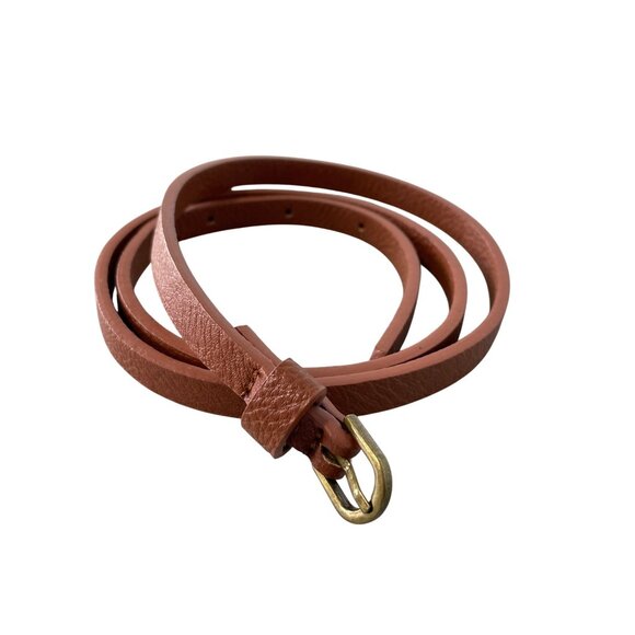 Pebbled Leather Skinny Belt M/L Brown Adjustable Brass Buckle Neutral Everday - Picture 1 of 6